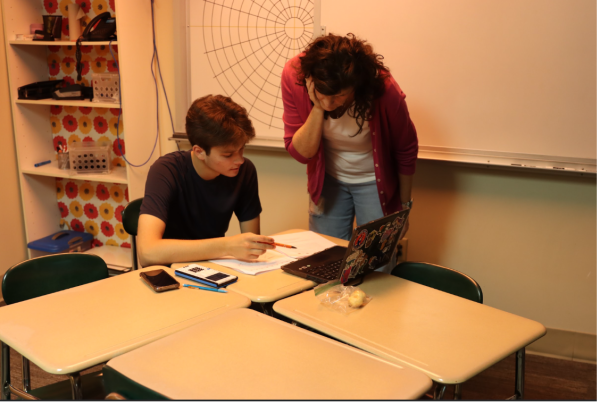 Math Teacher Barbara Dobbert helps junior Baron Boric as he works through problems in his AP Precalculus BC class.